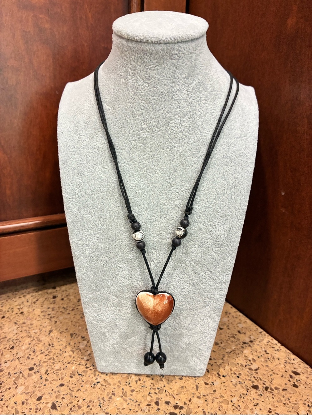Copper Tone Heart Pendant Black Cord Beaded Statement Necklace Boho Artisan